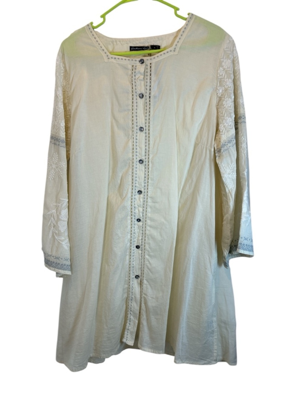 Gudrun Sjöden Soft Cream Button-Front Embroidered Casual Tunic Shirt size L